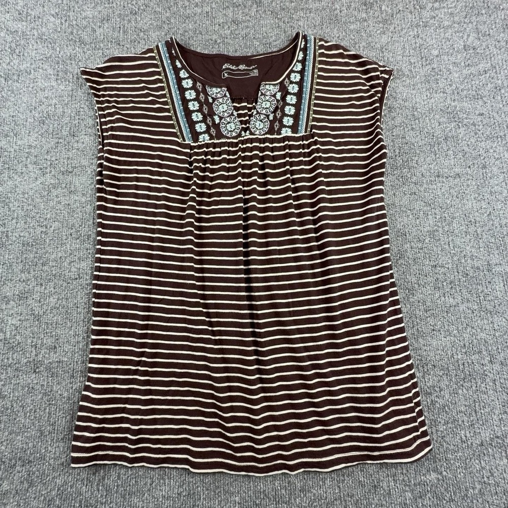 Eddie Bauer T-Shirt Womens Tall Medium Brown Striped Embroidered Jersey Top